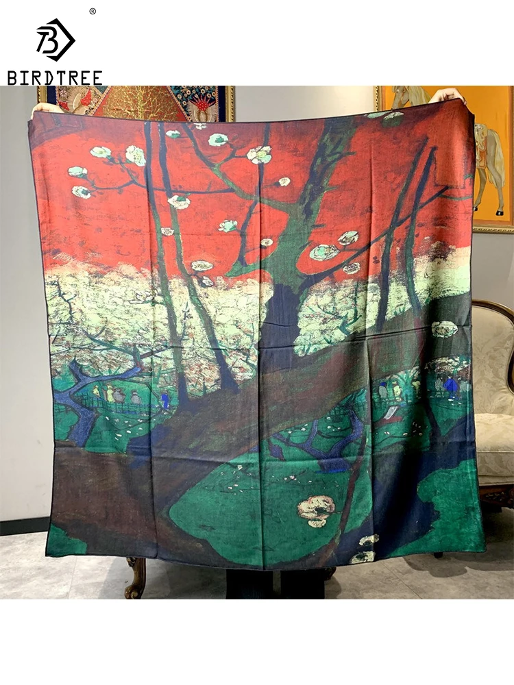 

Birdtree 30%Real Silk 70%Wool Scarf Double-sided Oil Painting Hand Crimping Warm Mom's Gift Commute Silk Shawl Spring A41432QD