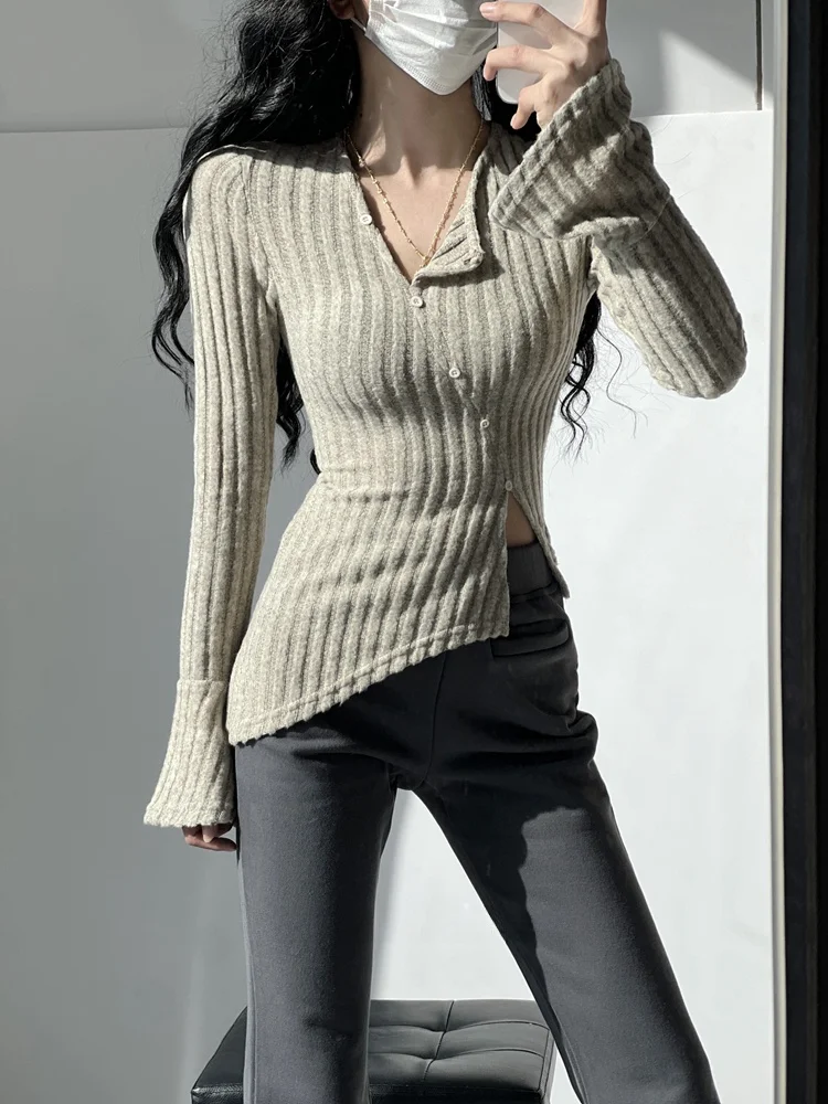 Maglieria V-Ne slim fit da donna lunga Sve Street Sle Color ort Lunghezza bottoni Design T-shirt casual Faion