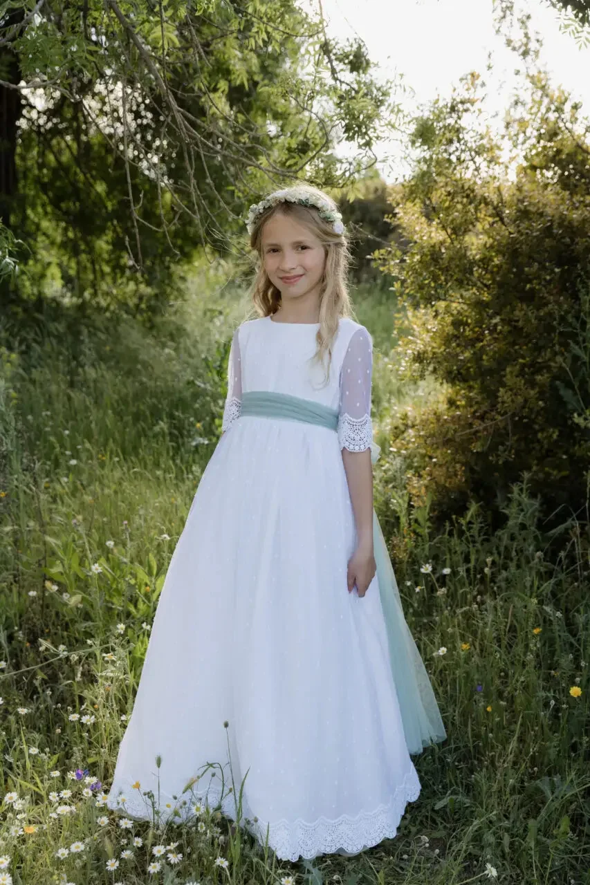 فستان فتاة الزهور ببساطة لحفلات الزفاف نصف كم مع فيونكة بطول الأرض فستان الأميرة لحفلات أعياد الميلاد وحفلات التواصل الأول