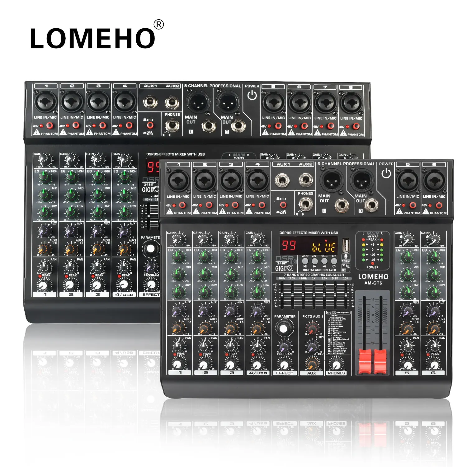 LOMEHO 7 Band EQ Audio Sound Mixer Table 6/8 Mono Channel Mixing DJ Console with USB 2 AUX Output 48V 99 Effect  AM-GT6/8