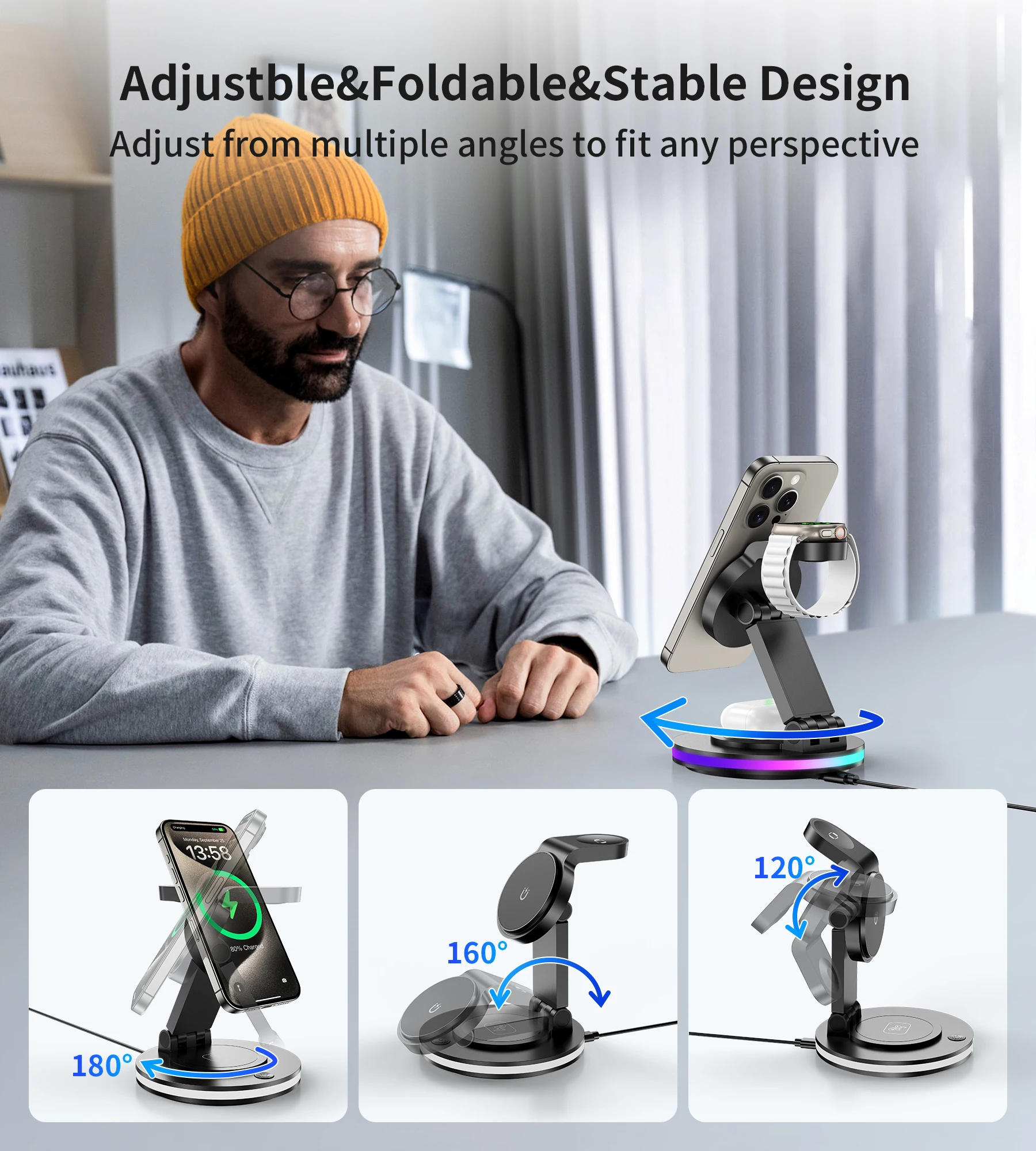 3 in 1 Mag-Safe Charger Stand, Magnetic Foldable Wireless Charging Station for Apple, Rotating & Light Adjust, Mag Charger Compa