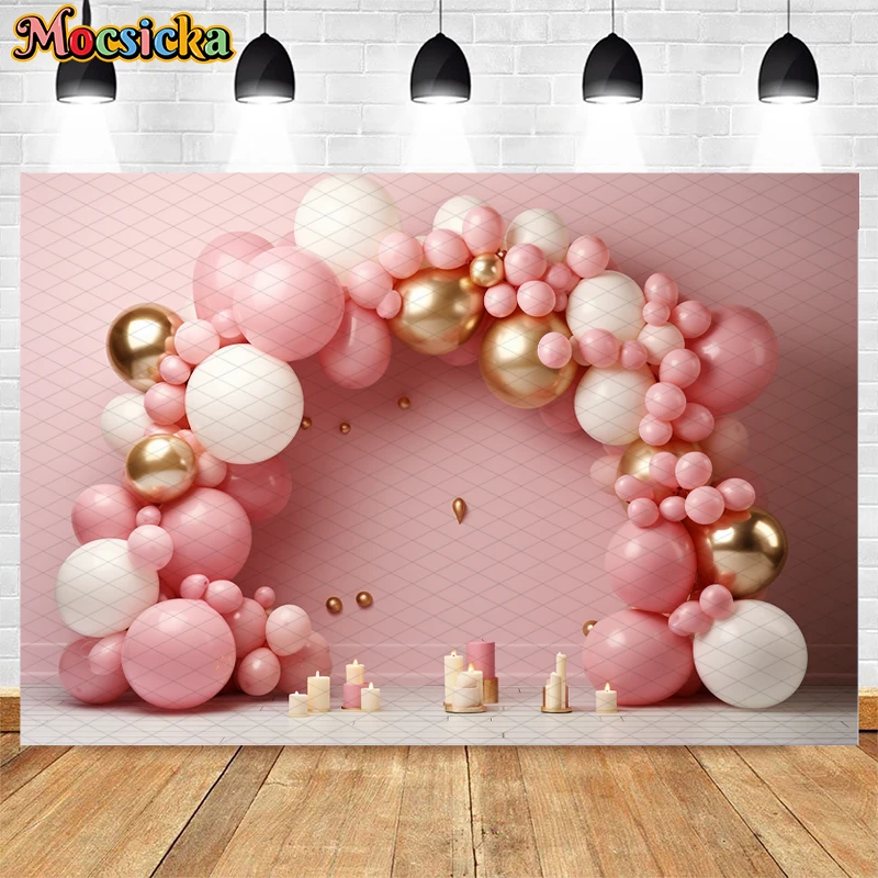 Pink Princess Girl Birthday Photography Background Balloon Arch Floral Decor Kids Portrait Cake Smash Backdrop Photo Studio