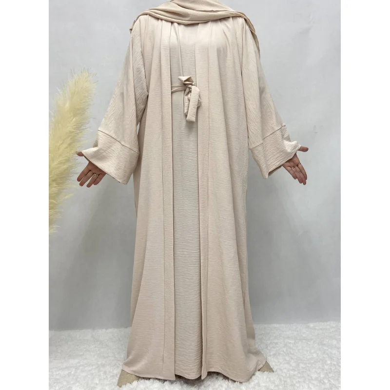 Muslim Set Two Pieces With Belt Abayas For Women Robe Long Sleeve Coat Sleeveless Dubai Kaftan Turkey Islam Muslim Dress