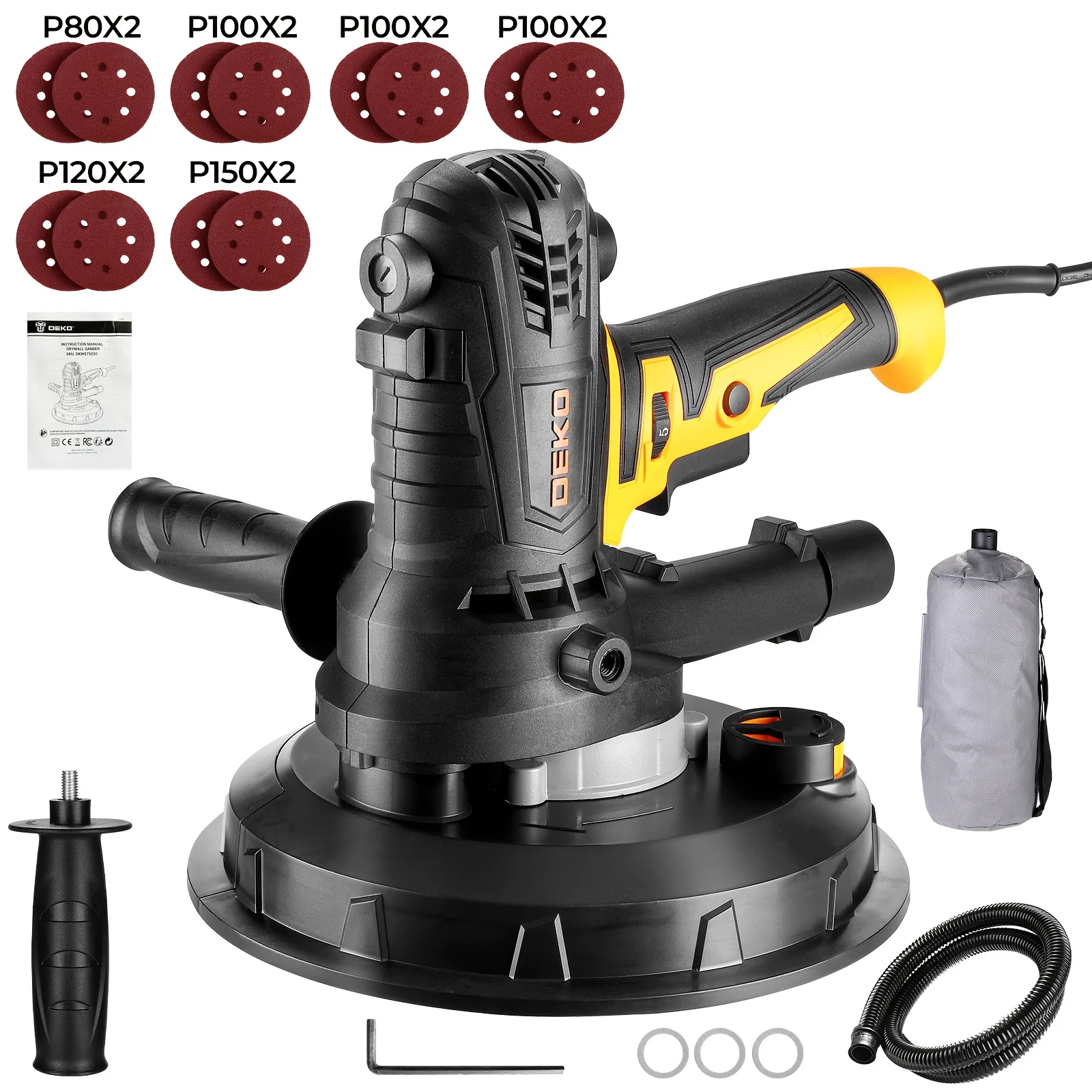 

[DEKO Drywall Sander] DEKO Corded Electric Drywall Sander | with 12 Sanding Paper | Detachable Dust Bag | Max Speed 2700RPM | 175mm | 7.5A/900W Handheld Wall Sander | for Paint Prep, Painting Tool, Balanced Tool, Robust Construction, Ceiling Smoothing |