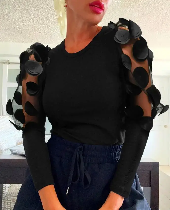 

Round Neck Solid Color Lace Patchwork See Through Sleeve Top, Autumn New Style, Elegant and Fashionable Women's Slim Fit Top