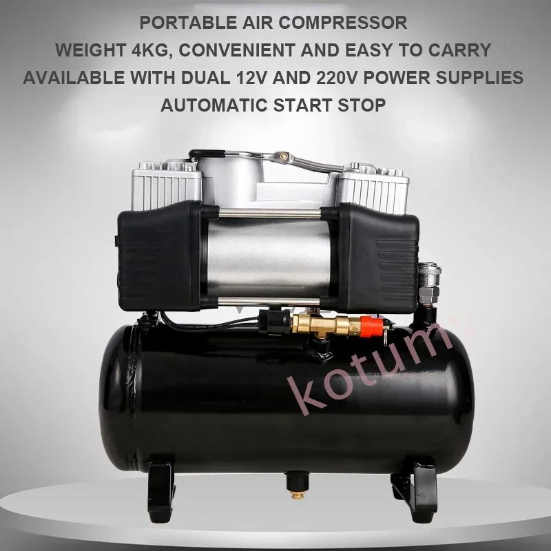 Portable Dual Cylinder Air Pump Car Tire Inflator 12V 220V Silent Oil-Free  Air Compressor Automatic Start Stop