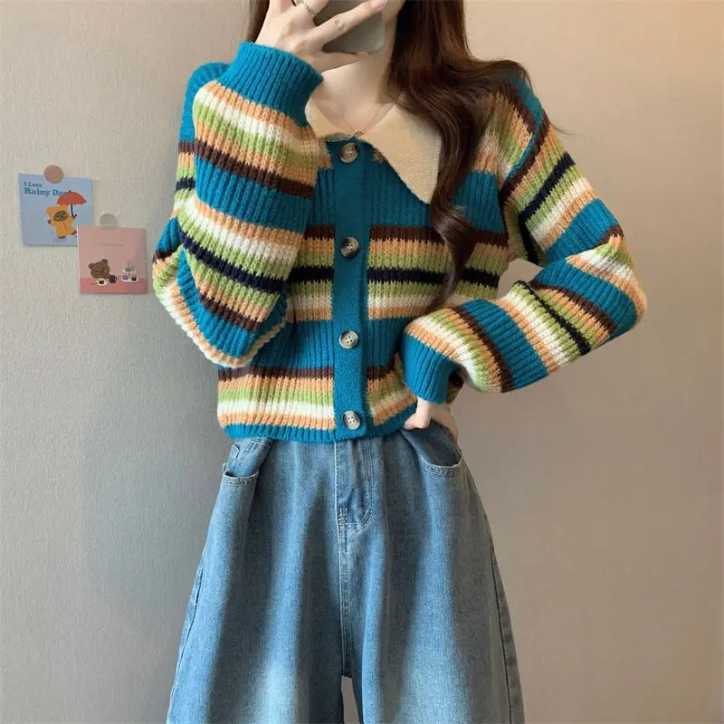 Color Blocking Striped Sweater Knitted Women\'s Autumn Winter 2024 New Style Outerwear Pullover Collar Short Base Cardigan Top