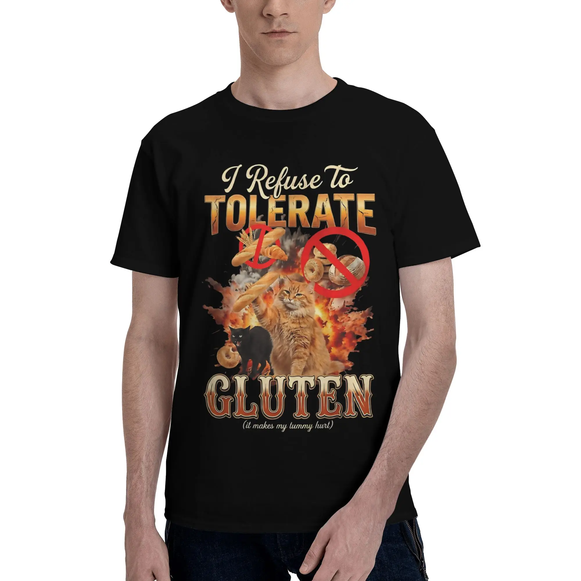 Men Women Graphic Printing I Refuse To Tolerate Gluten Funny Cats T Shirt Tee 100% Cotton  T-shirts Clothing
