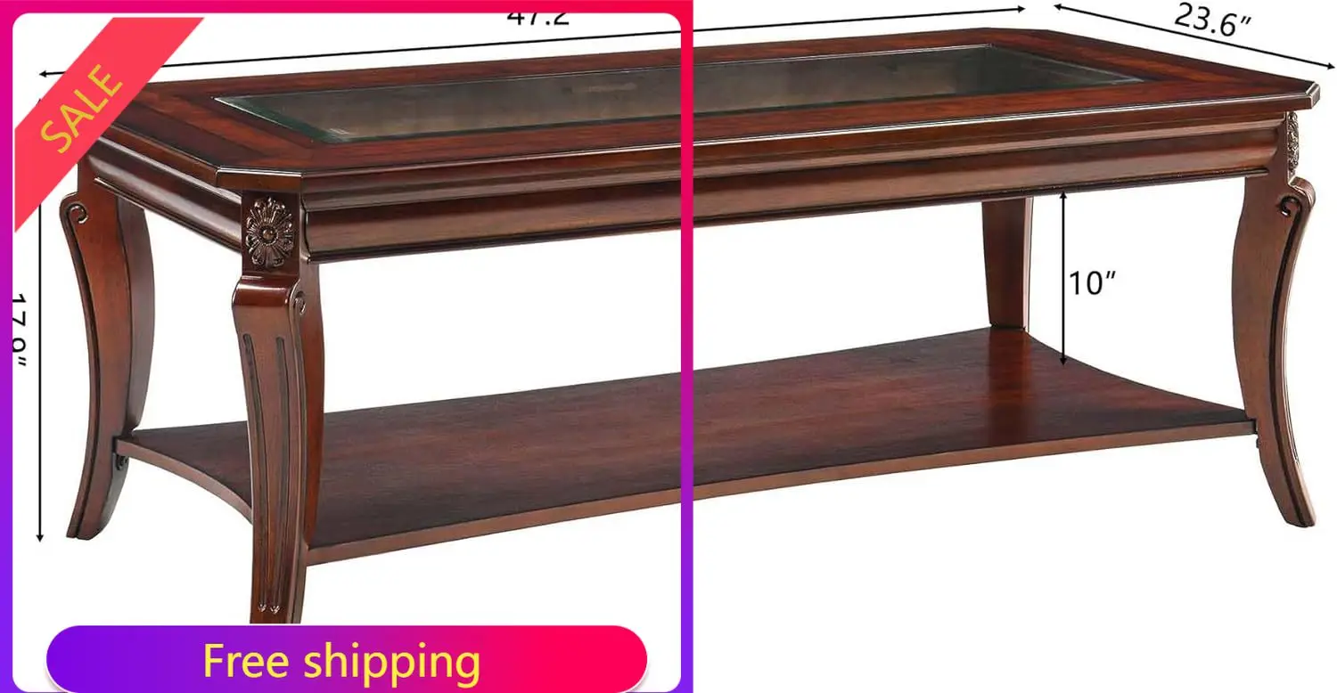 

Rectangle Coffee Table for Living Room, Solid Wood Coffee Table with Glass Top, Traditional Distressed Farmhouse Style with Shel