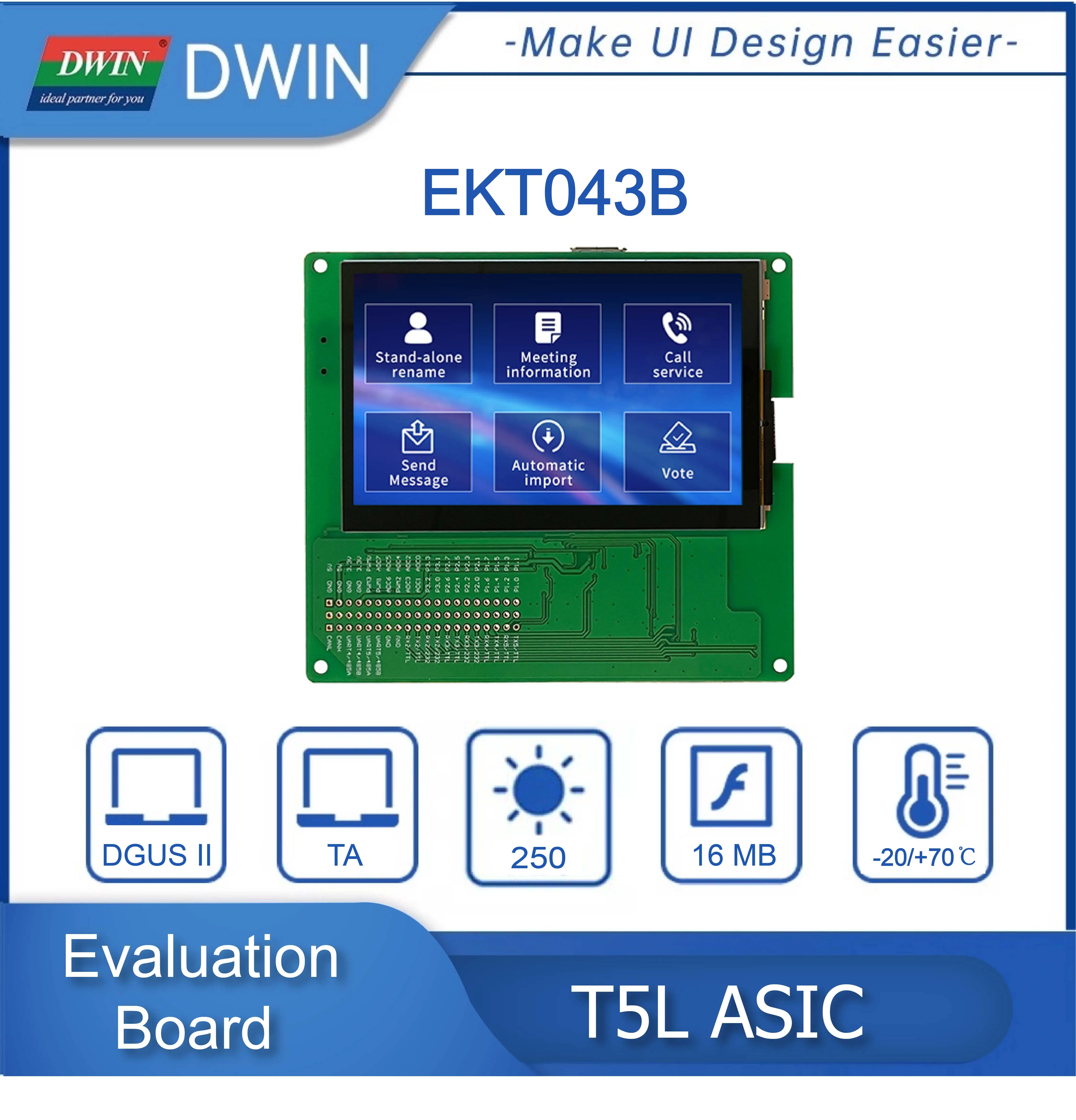 

DWIN T5L Drive IC 4.3 Inch Function Evaluation 800*480 IPS-TFT-LCD Capacitive Touch Screen Development Board EKT043B