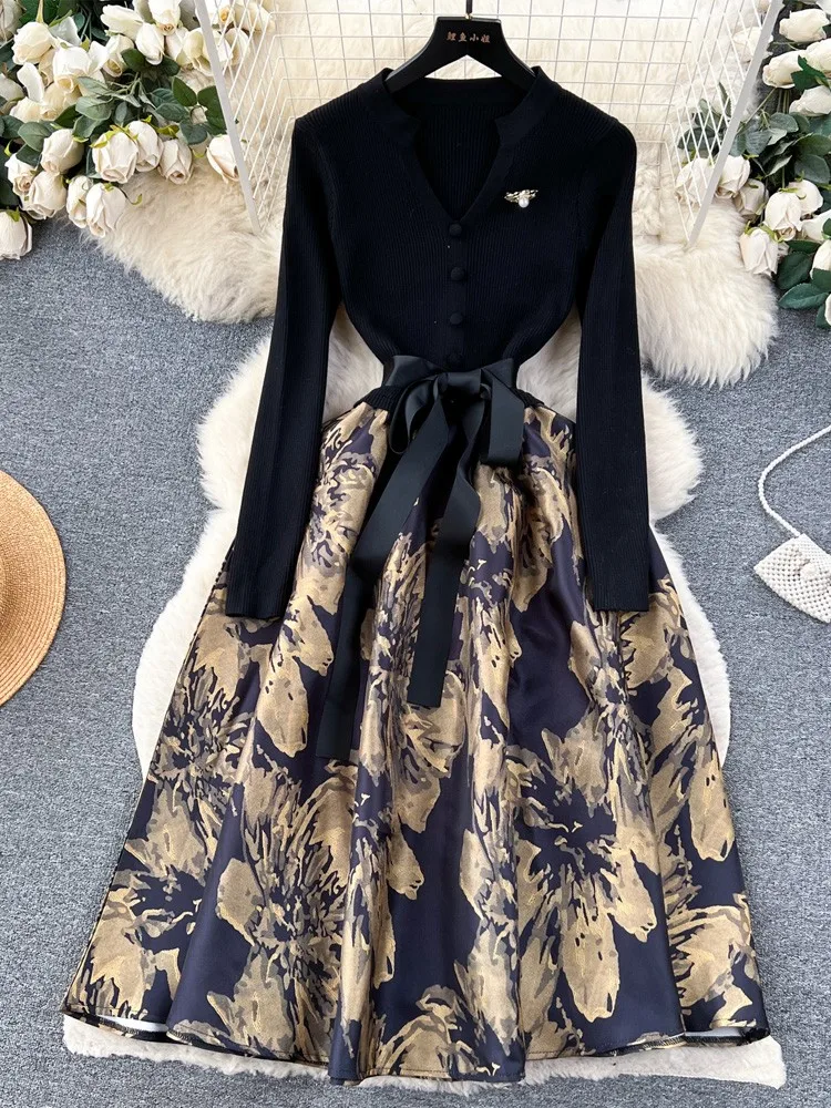 New Winter Elegant Knitted Dress Women Vintage Patchwork Sweater Printing Long Dresses Lady Winter Formal Casual Dress Vestidos