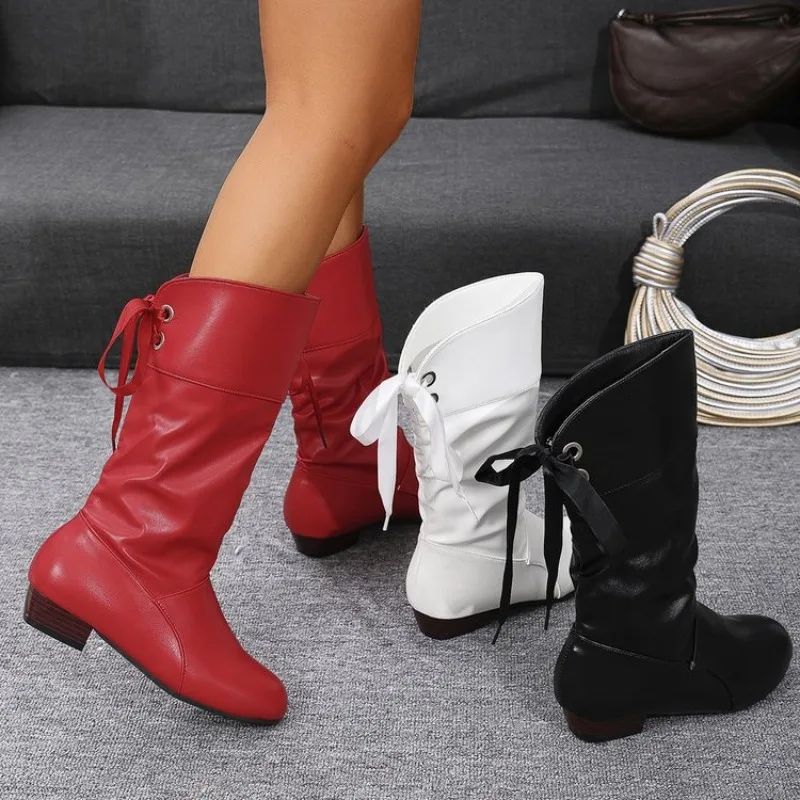 

2025 Plus Size 35-43 Women Middle calf Boots Back Lace Up Low Heels Winter Shoes Black White Botas Mujer Female Snow Boot Red