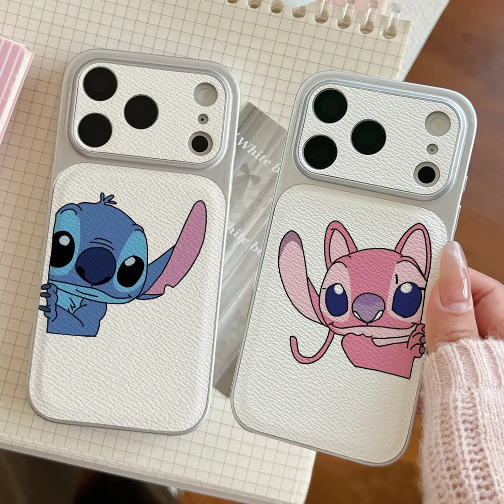 

Disney Lilo Stitch Couples Phone Case For IPhone 17 16 15 14 Electroplated Leather Shockproof Phone Accessories 13 12 11 Casing