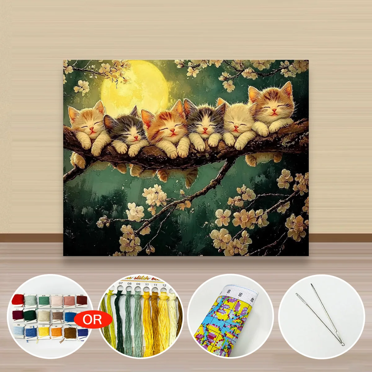 1 Stück 40x50 cm/15,7x19,69 Zoll, 11CT/14CT Kreuzstich-Set, DIY Valentinstagsgeschenk, Stickerei-Set für Festlichkeiten, Die Katzen unter dem Mond – Detail 4