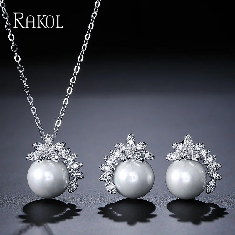 RAKOL Elegant White Imitation Pearls Stud Earrings Necklace Set for Women Simple Cubic Zircon Flower Bridal Jewelry Sets