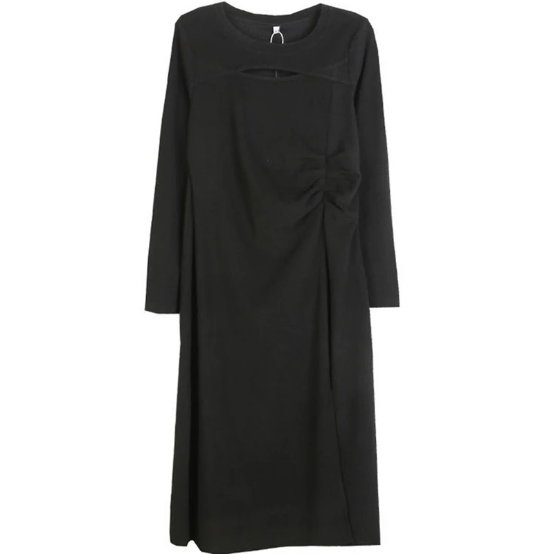 Outono inverno nova moda plus size preto sexy vestido sólido mulheres coreano moda oco para fora chique vestido de festa de senhora de grandes dimensões