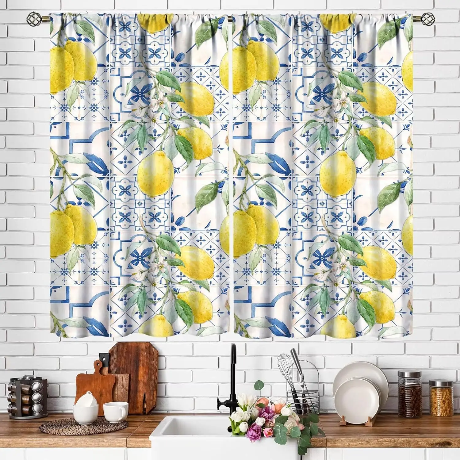 

Синие шторы с лимонами и летними фруктами, шикарные традиционные цветочные узоры, шторы с карманом для карниза для спальни, гостиной, домашнего декора