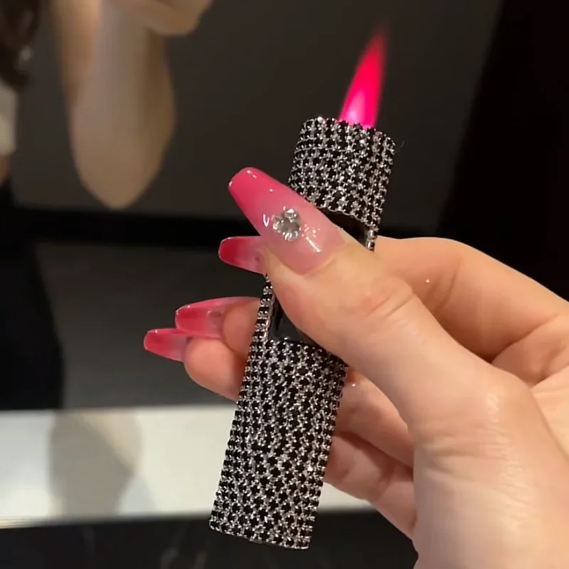 Fashionable diamond studded inflatable lighter mini windproof metal powder spray flame portable lighter for women smoking gift