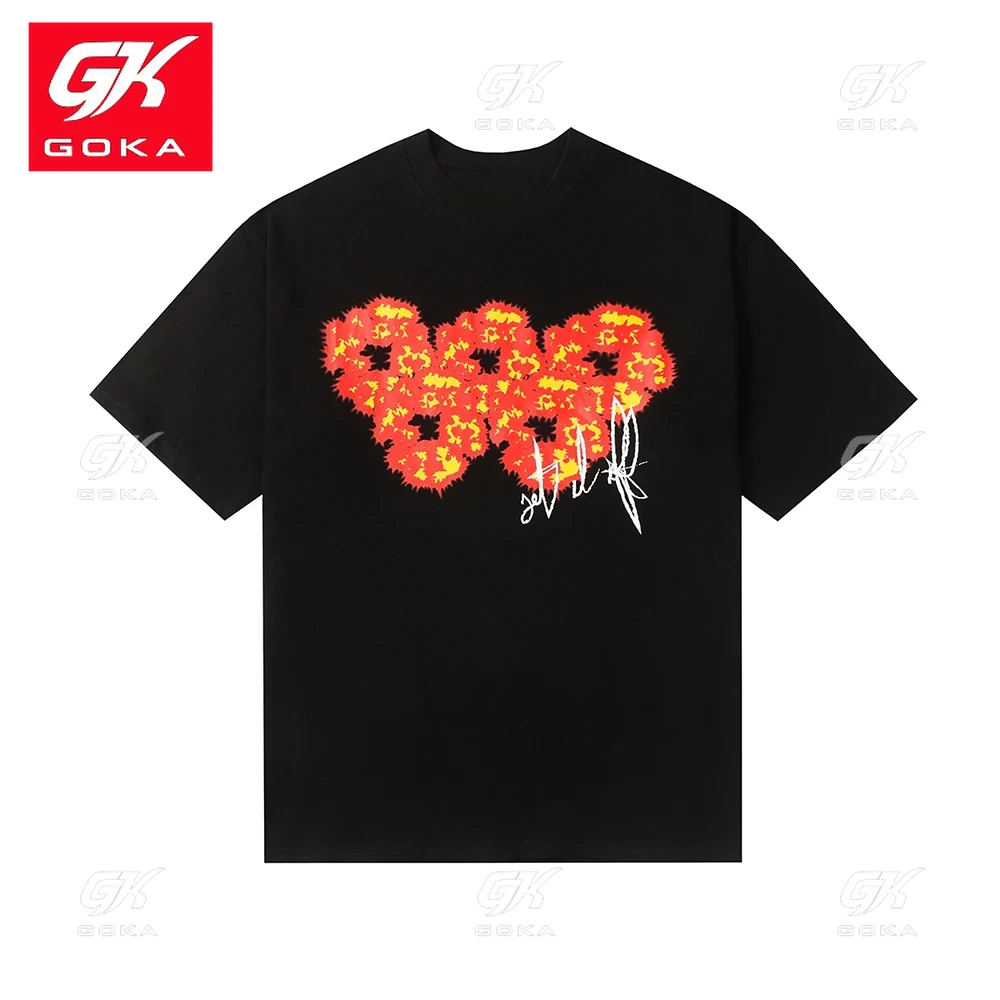 T-Shirt à Manches Courtes et Col Rond pour Homme, Streetwear, Vintage, en Coton, Imprimé Flamme, Kapok, Unisexe, 2024