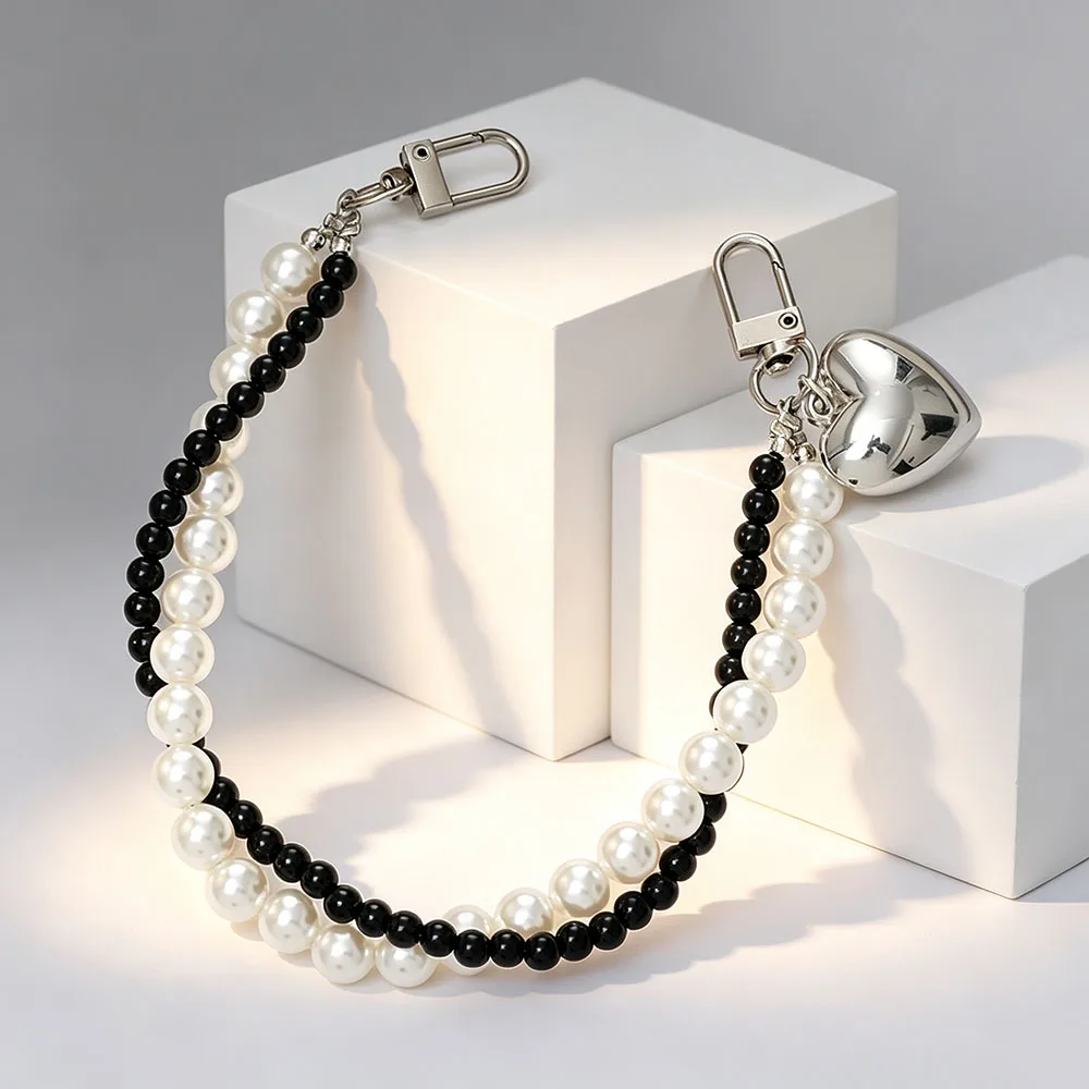 Y2K Double Layer Beaded Keychain Phone Lanyard Black White Pearl Combination Mobile Phone Case Charms Anti-lost Hand Strap