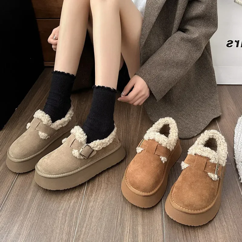 

Vintage Bread Shoes Women Autumn And Winter Velvet Loafers Cotton Shoes 2024 New One-pedal Platform Snow Boots Warm Comfortable