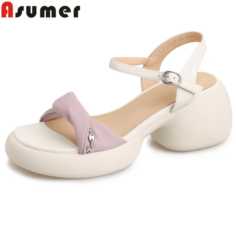 ASUMER 2024 New Ladies Genuine Leather Sandals Mixed Colors Slingbacks Buckle Women\'s Shoes Thick High Heels Platform Sandals