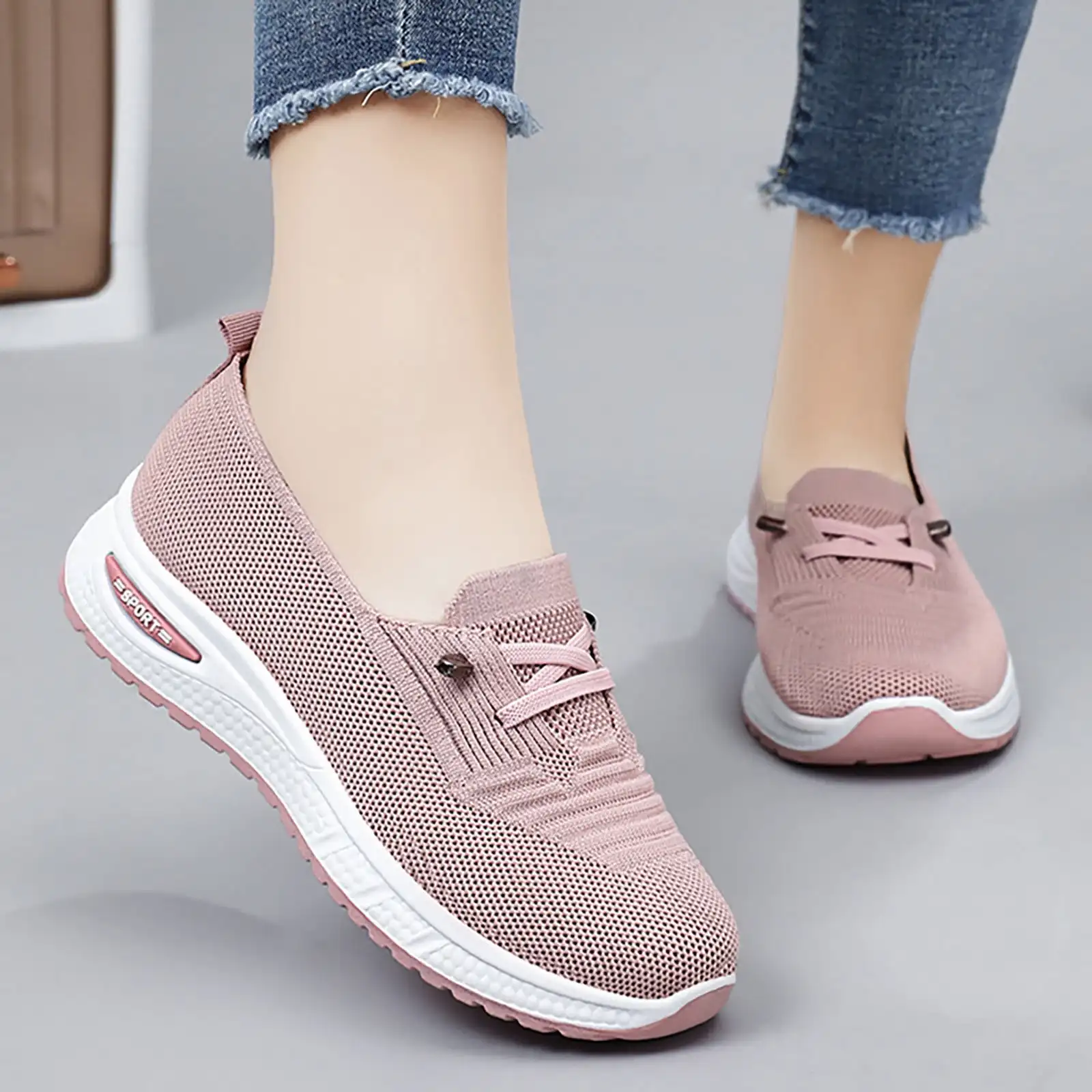 Women\'s Breathable Knitted Mesh Slip-On Sneaker Woman Lace Up Orthopedic Low Top Soft Loafer Shoes Big Size 43 Platform Trainers