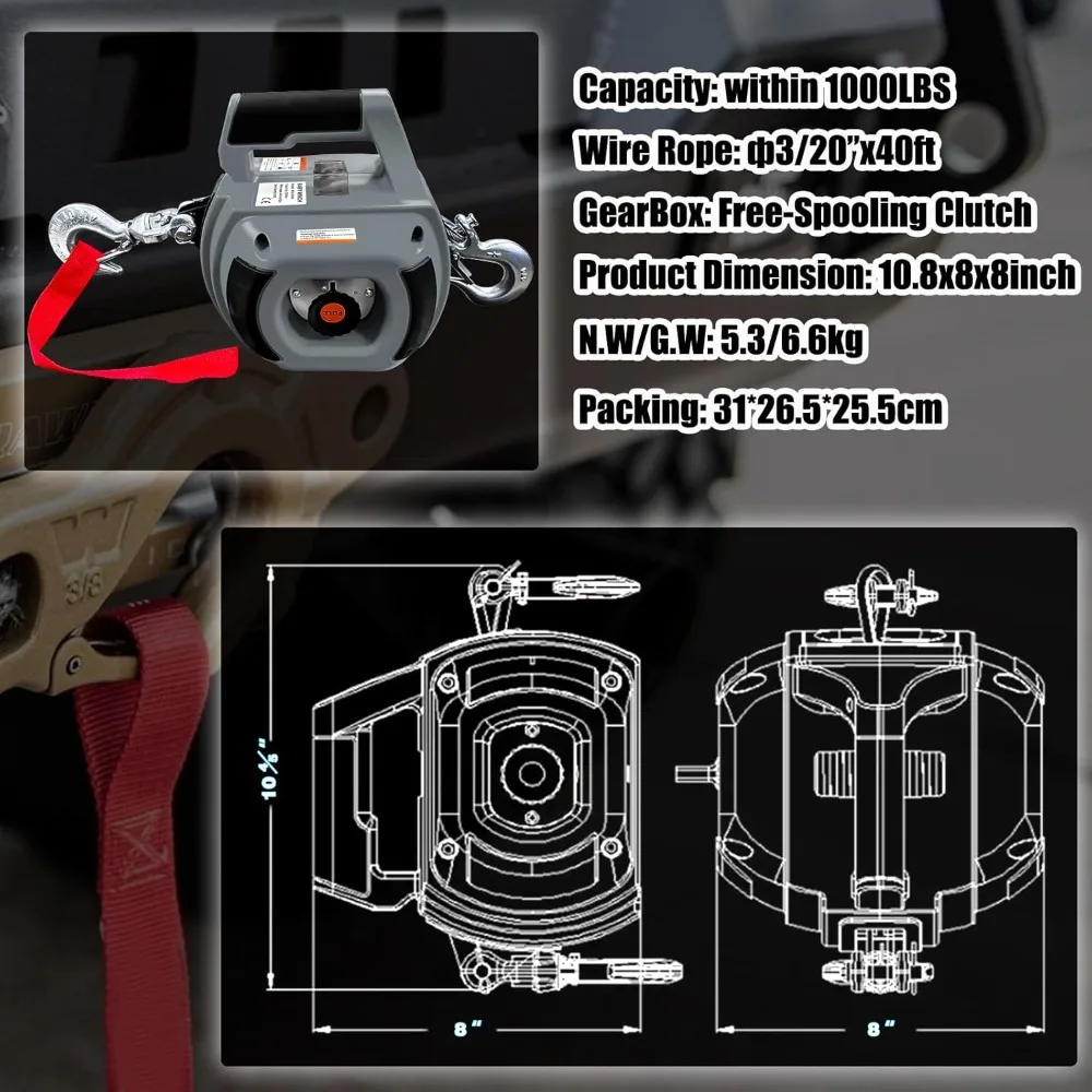 Abu-abu Baru, Winch Bor Portabel Kapasitas Tarik 1000 LB dengan Tali Kawat Baja Paduan 40 Kaki, Winch Tangan untuk Menyeret, Diskon Besar