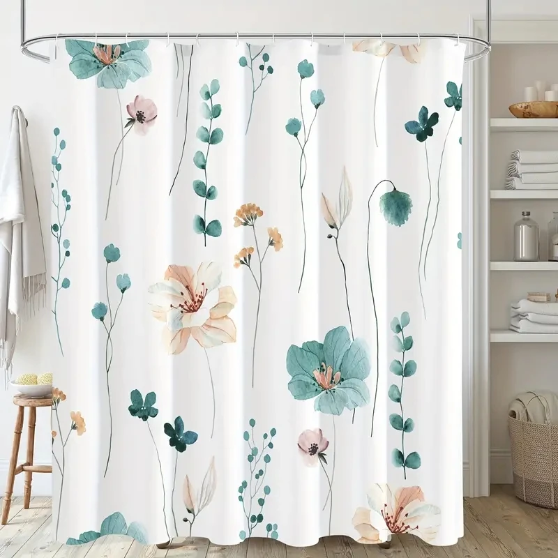 1pc Modern Watercolor Floral Shower Curtain Set with Hooks - Waterproof and Minimalist Design for Bathroom