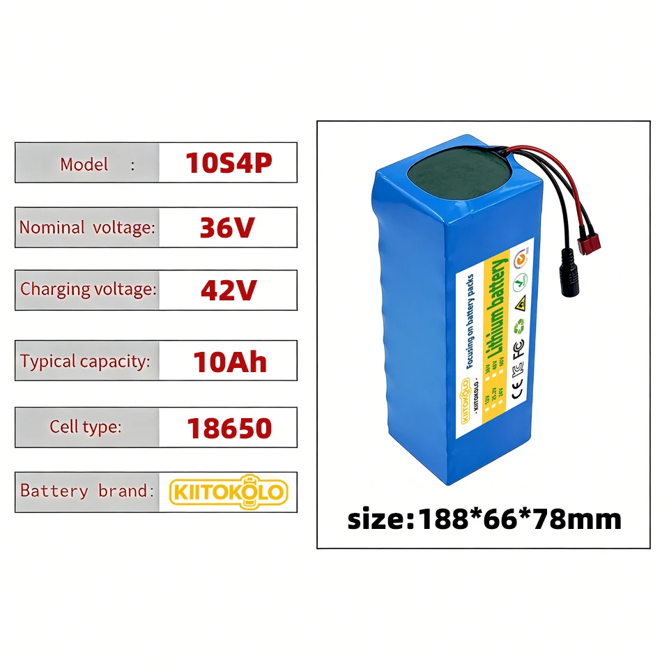 36V 10Ah 10S4P Lithium Ion Battery Pack Built-in 15A BMS High Capacity Replacement Battery for 500W E-Bike Electric Scooter
