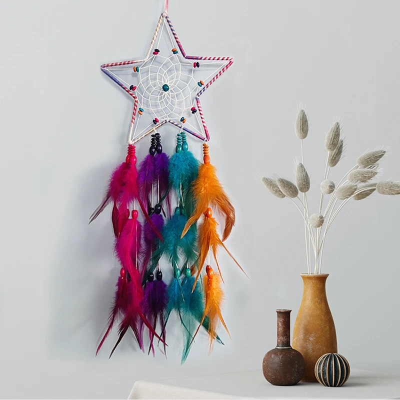 Handmade Colorful Feather Dream Catcher Wind Chimes Bedroom Living Room Hanging Ornaments Wall Decoration Pendant Festival Gifts