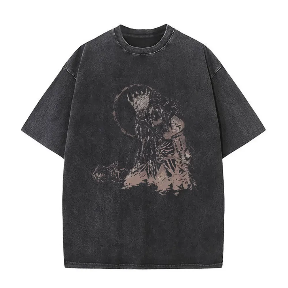 Washed Vintage Game Dark Souls Graphic T Shirts Men Women 90s Retro Gothic Rock Oversized T-shirt Male Punk Harajuku T-shirts