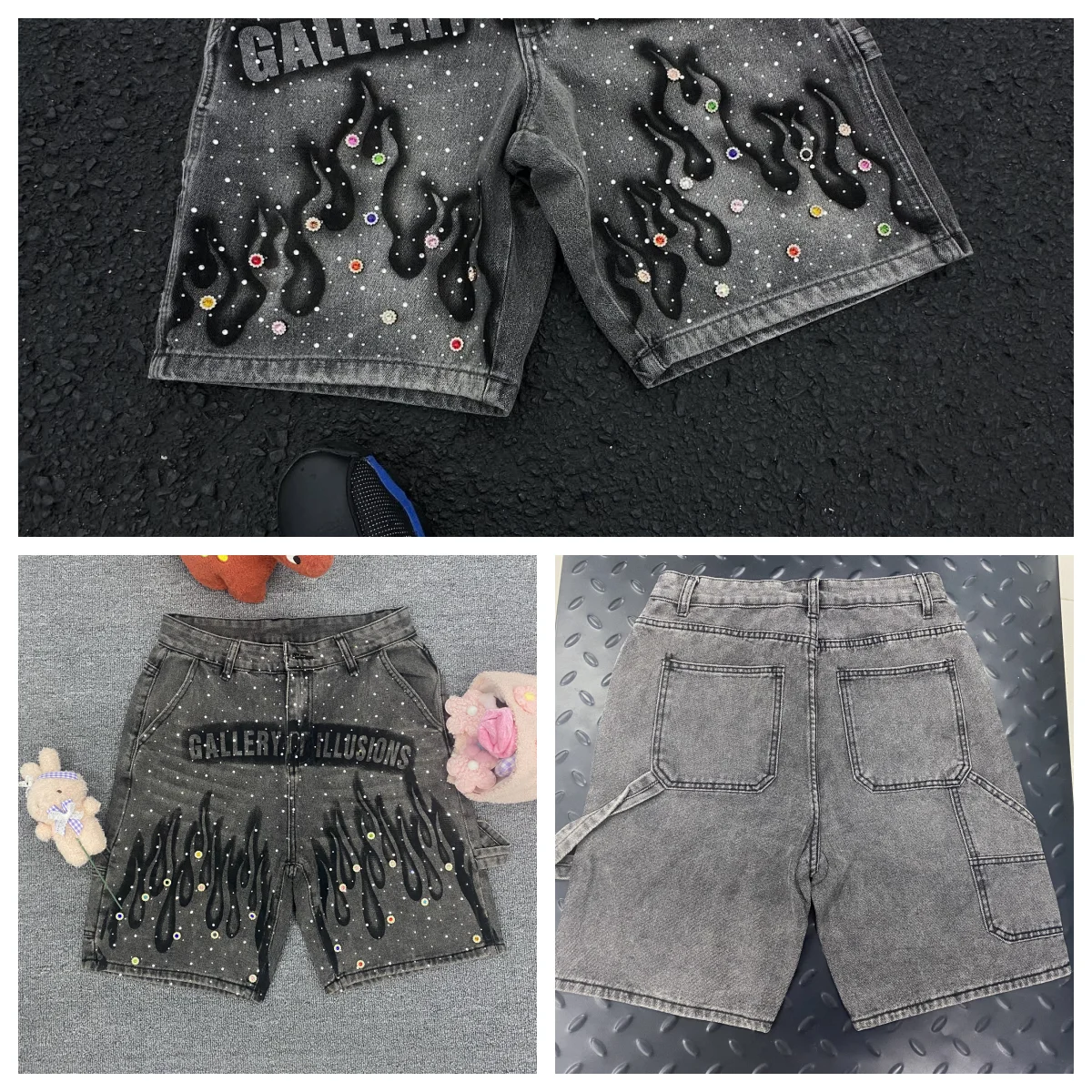 

Y2K retro casual jeans flame pattern rhinestone decoration high waist denim shorts fashion men's hip-hop street clothing
