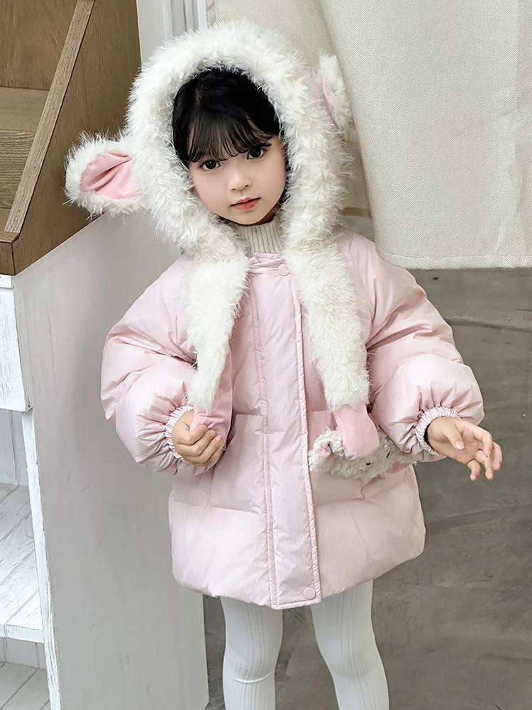 Sli Thiened White Du down Puffer Jaet for Girls Cute Windproof Warm Coat with Hat Children's Winter Clothes Kids Ou...