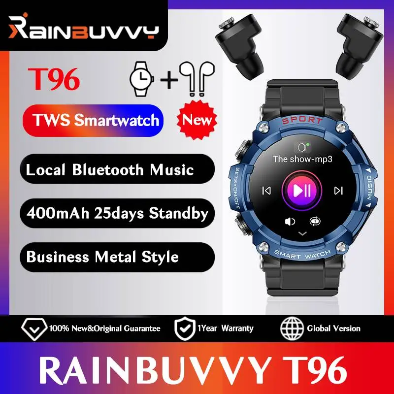 

Rainbuvvy T96 Men TWS Earphone 1.52inch Amoled 3 IN 1 Local Music Player Wireless Headset Bluetooth Call Earbuds Smartwatch