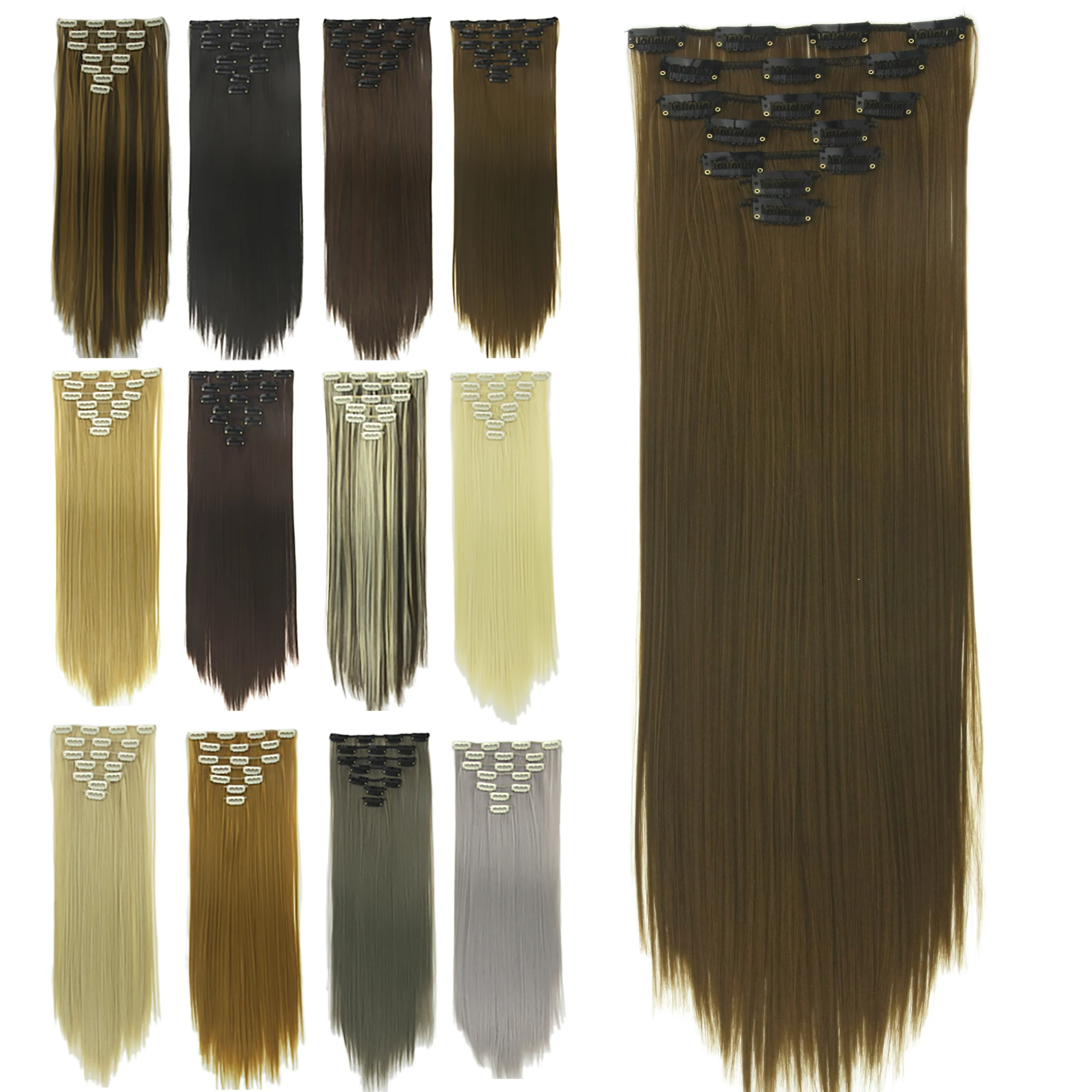 Soowee Straight Synthetic Hair with Clips in Hair Extensions Full Head Hair Pieces for Women Postiche Hair Extension Clip In