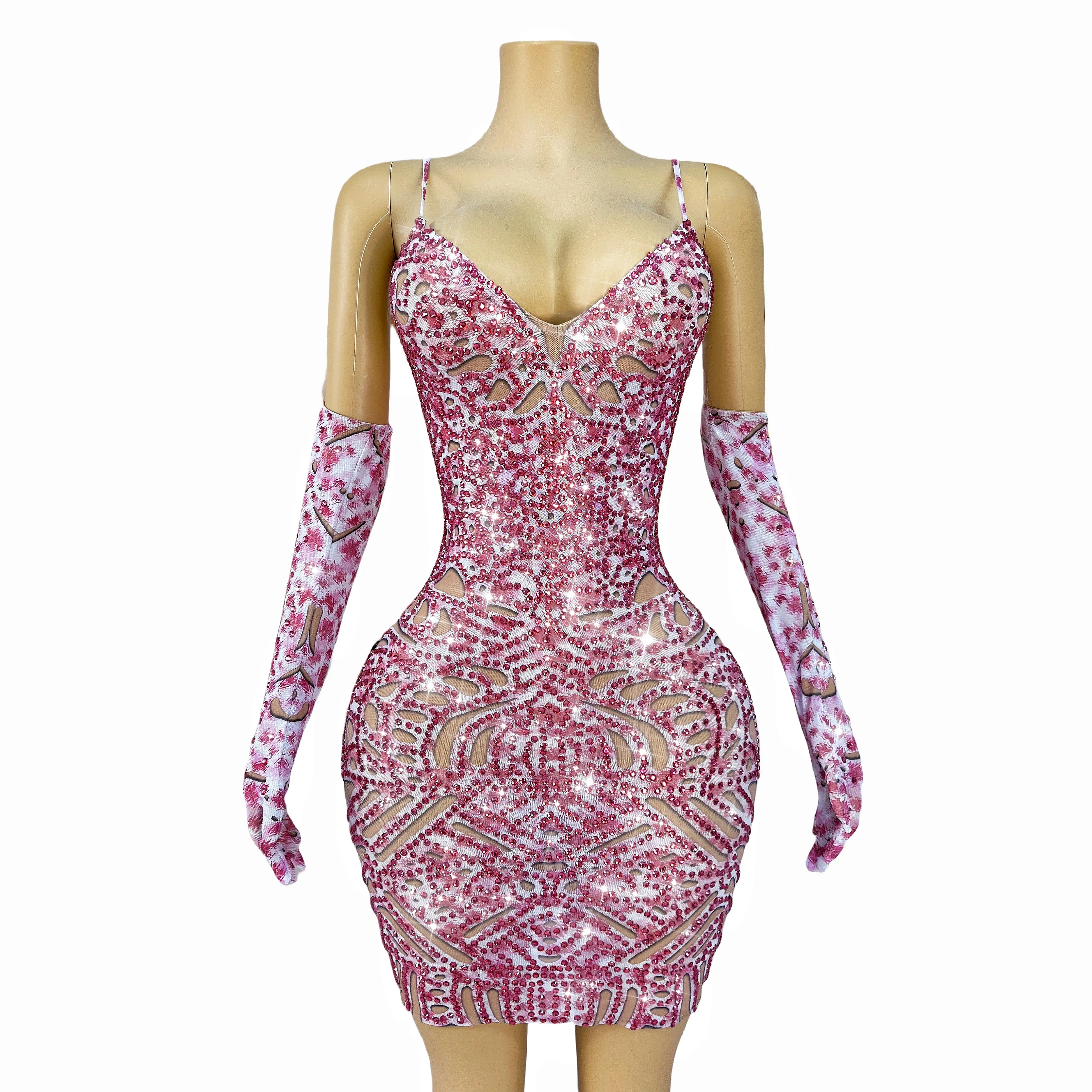 

Twinkling Rosy Rhinestones Supenders Mesh Dress Sexy Gloves Outfit Evening Party Celebrate Costume Fashion Show Wear Meiying