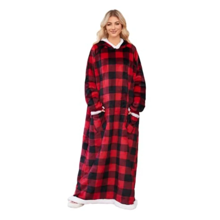 

5FT Oversized Wearable Blanket Hoodie Flannel Sherpa Fleece Warm Cozy Christmas Wrap Throw Gifts for Adult