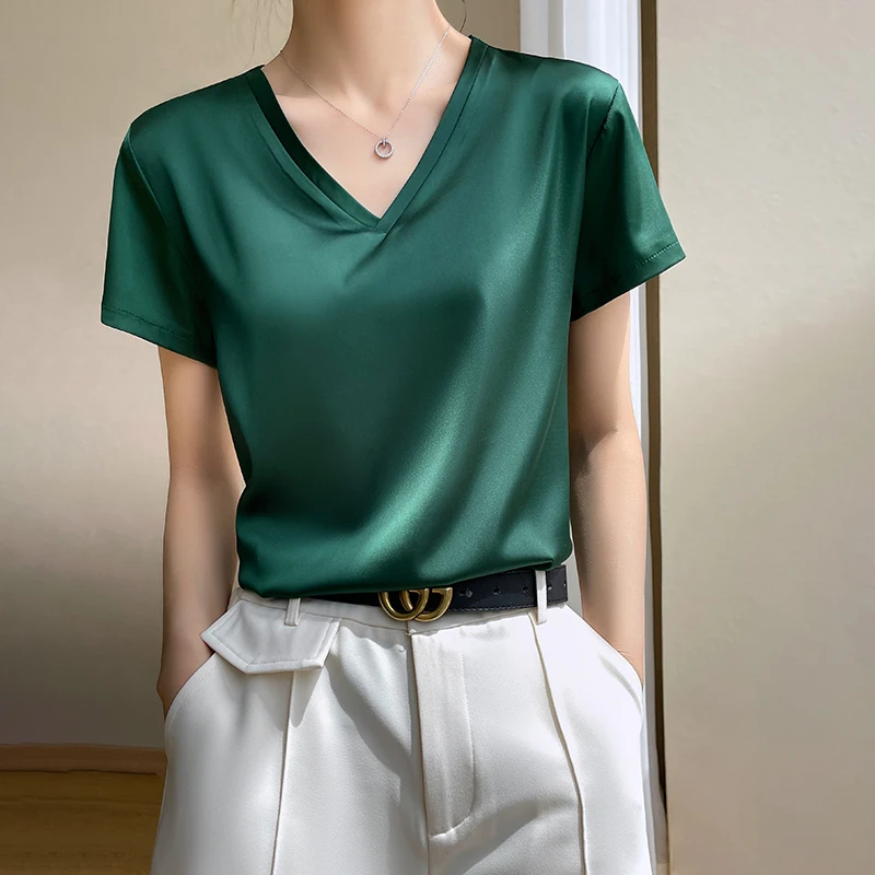 2024 Summer V-neck Basic Solid Causal Women\'s T-Shirts Short Sleeve Tees Tops Satin Silk Blouses Elegant Office Lady Thin Shirts