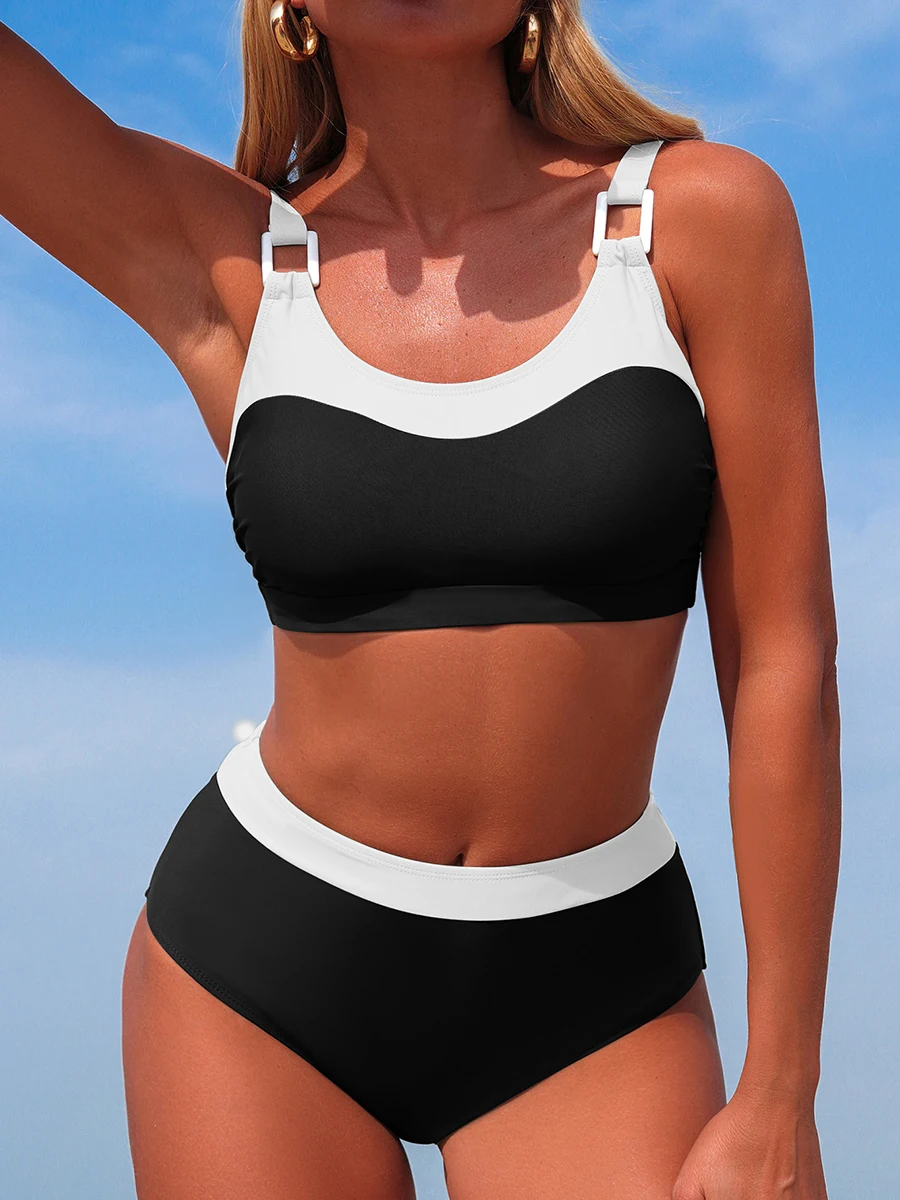2026 Sporty Strappy Bikinis Solid Padded Swimsuit Women High Waist Swimwear Female Bathers Bathing Swimming Swim Suit Beachwear view 5