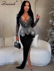 Znaiml Luxury Birthday Diamonds Rhinestones V Neck Long Sleeve Hypotenuse Maxi Dress Women‘s Sexy Night Club Even Wedding Guest