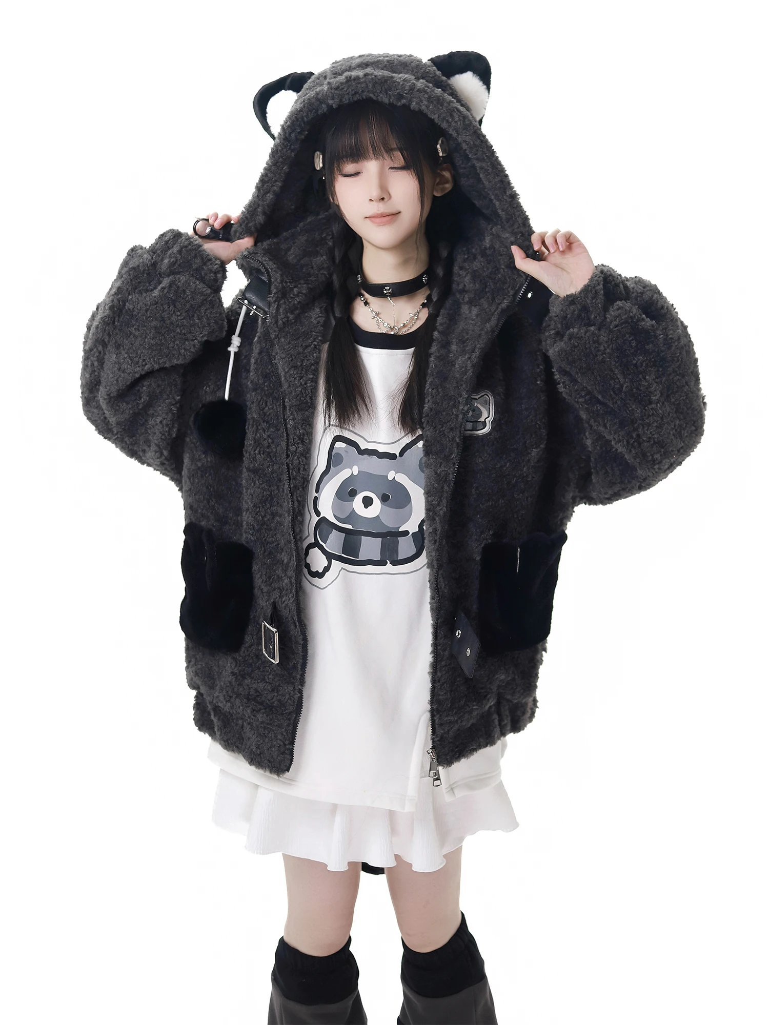 Original Design Student Süße Kühle Pelz Plüsch Jacke Winter Neue Mädchen Lose Dünne Mit Kapuze Plüsch Mäntel Hosen Top Beinlinge Set