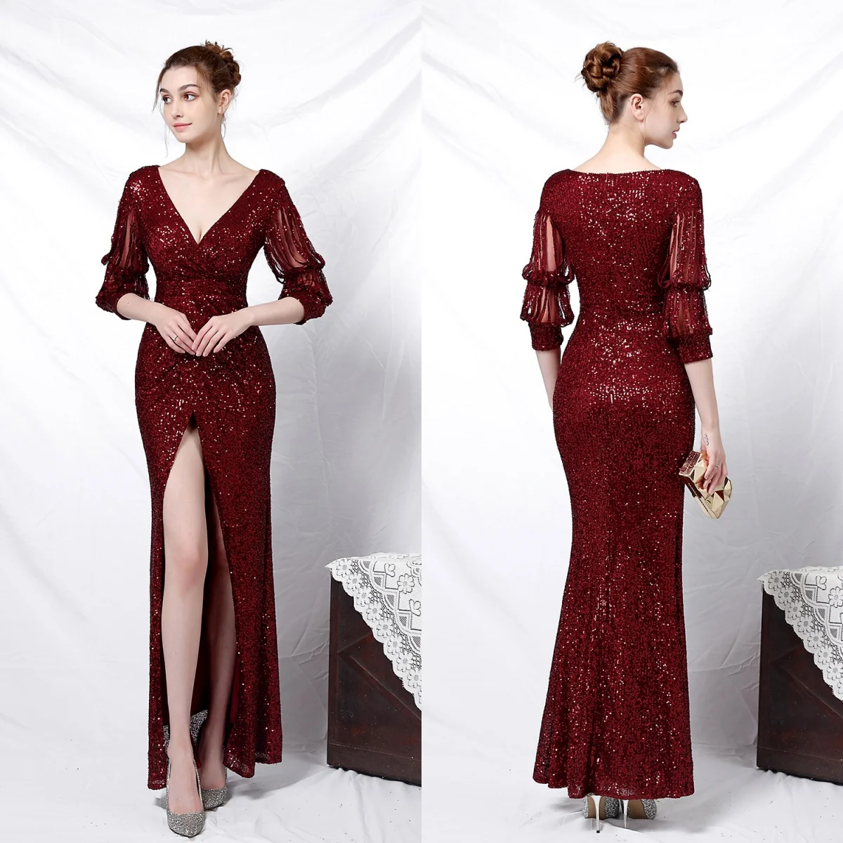 

Evening Dress Burgundy Sequins Stretchy Half Sleeves Zipper Back Mermaid Trumpet Slit Floor Length Women Party Formal Gown YE192