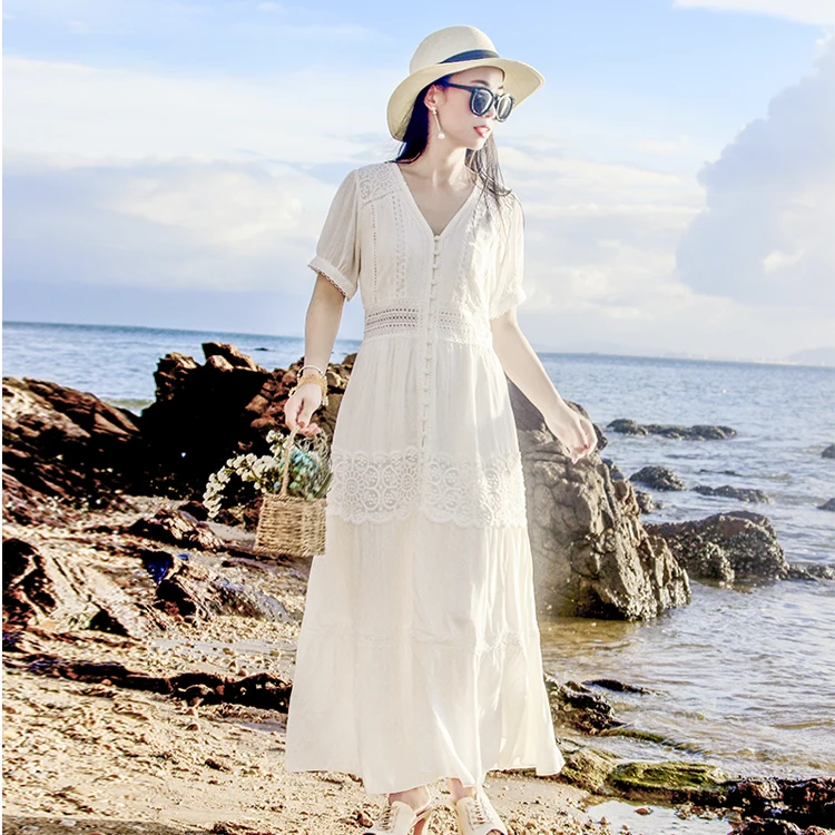 

Женское летнее длинное платье Ele Lace Beach Dr из хлопка с V-образным вырезом, рукавами-фонариками, А-силуэта, в стиле Fairy-t Forest System, белое