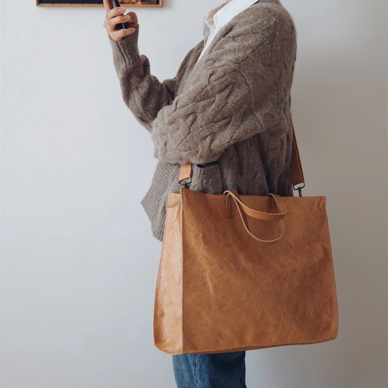 

Retro Artistic Foldable Waterproof Leather Paper Laptop Bag ex Crossbody Handbag Soft Canvas Zipper Closure Leisure