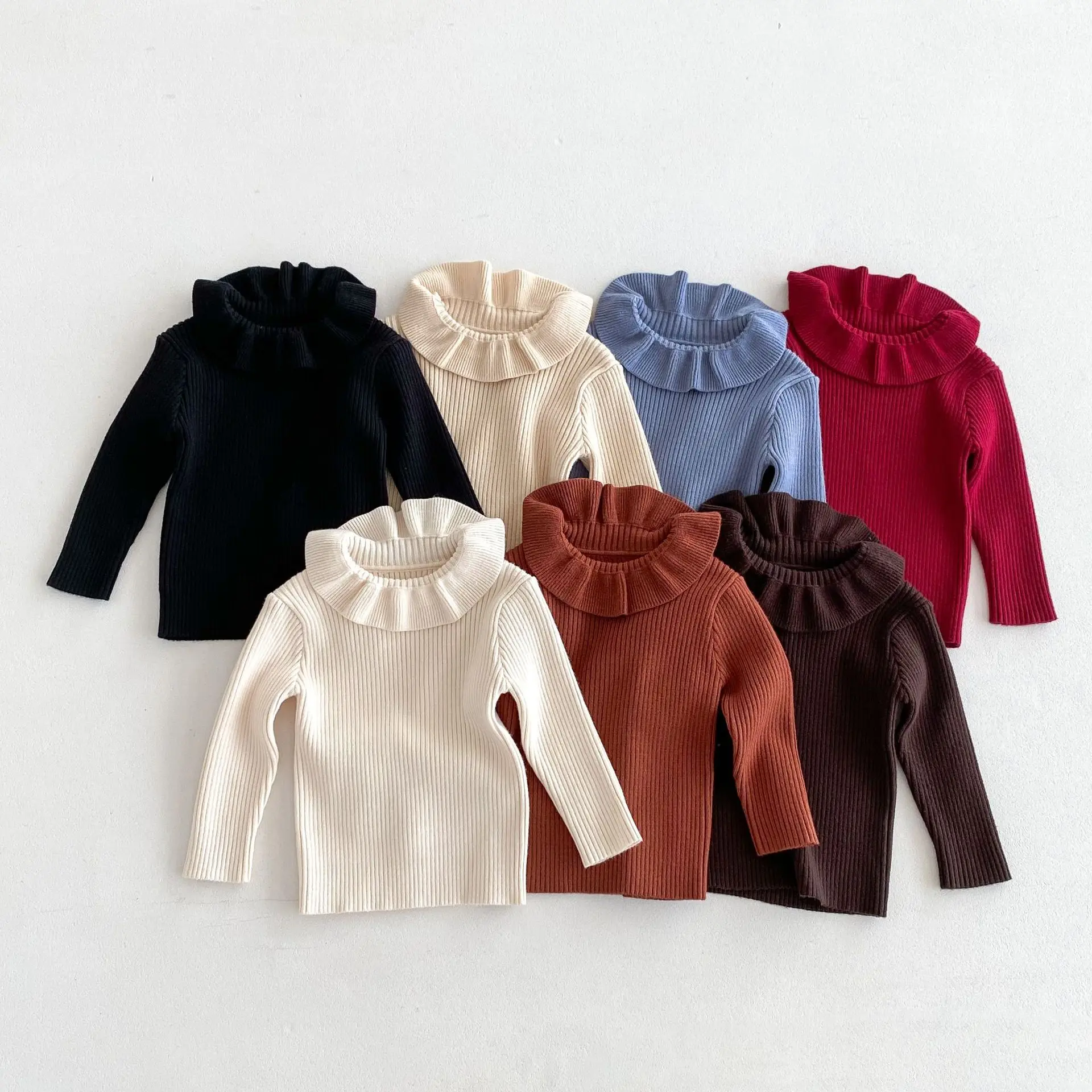 2025 New Solid Color Bottoming Sweater for Girls 1-6Y Children's Lotus Leaf Collar Knitted Pullover Base Tops Kid's Clothes