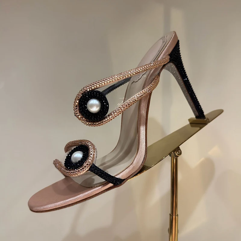 

New Open Toe Sexy One Strap Thin Hight Heels Slippers Women's Satin Rhinestone Decor Sandals Summer Party Dress Shoes Pumps