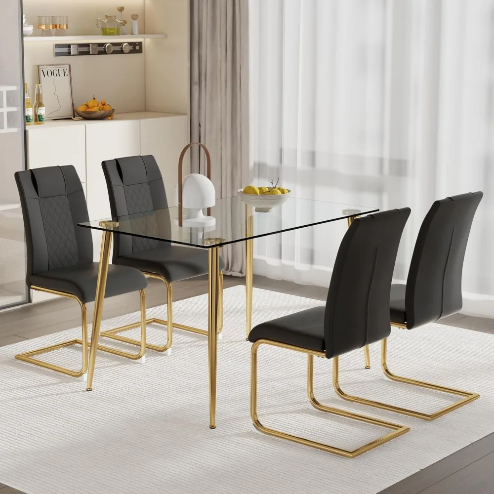 

Modern Glass Dining Table Set for 4, Rectangle Kitchen Table with 4 Black Leather Dining Chairs, 51 Inch Dining Room Set (Golden