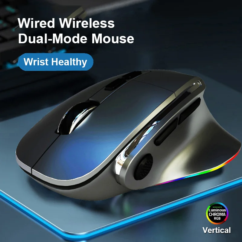 Dual-mode Wireless Mouse Type-C Charging Luminous Bluetooth Ergonomic Vertical Mice Adjustable 8 Keys For tablets/PC/Laptops/Mac