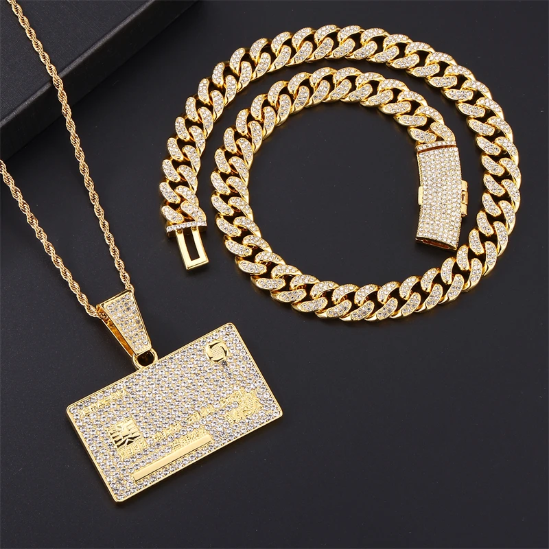 D&Z Credit VISA Card Pendant 3Pieces 13mm Rhinestones Miami Cuban Chain HipHop Iced Out Bling Necklaces Fashion Jewelry For Man